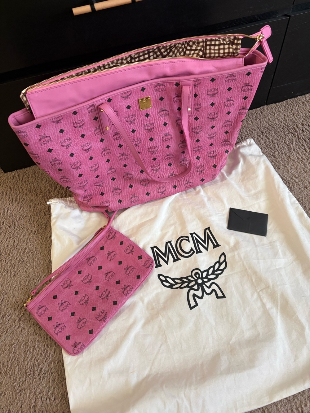 MCM Pink Logo Tote with Matching Wristlet and Gold Accents